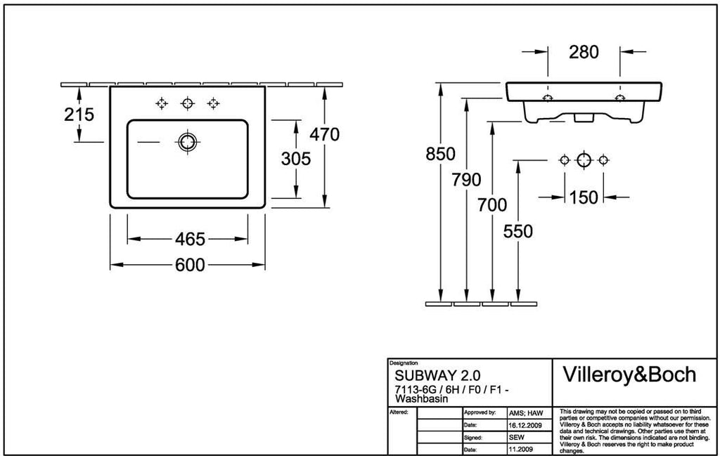 Villeroy & Boch Subway 2.0  - 600x470mm washbasin Sink 71136001