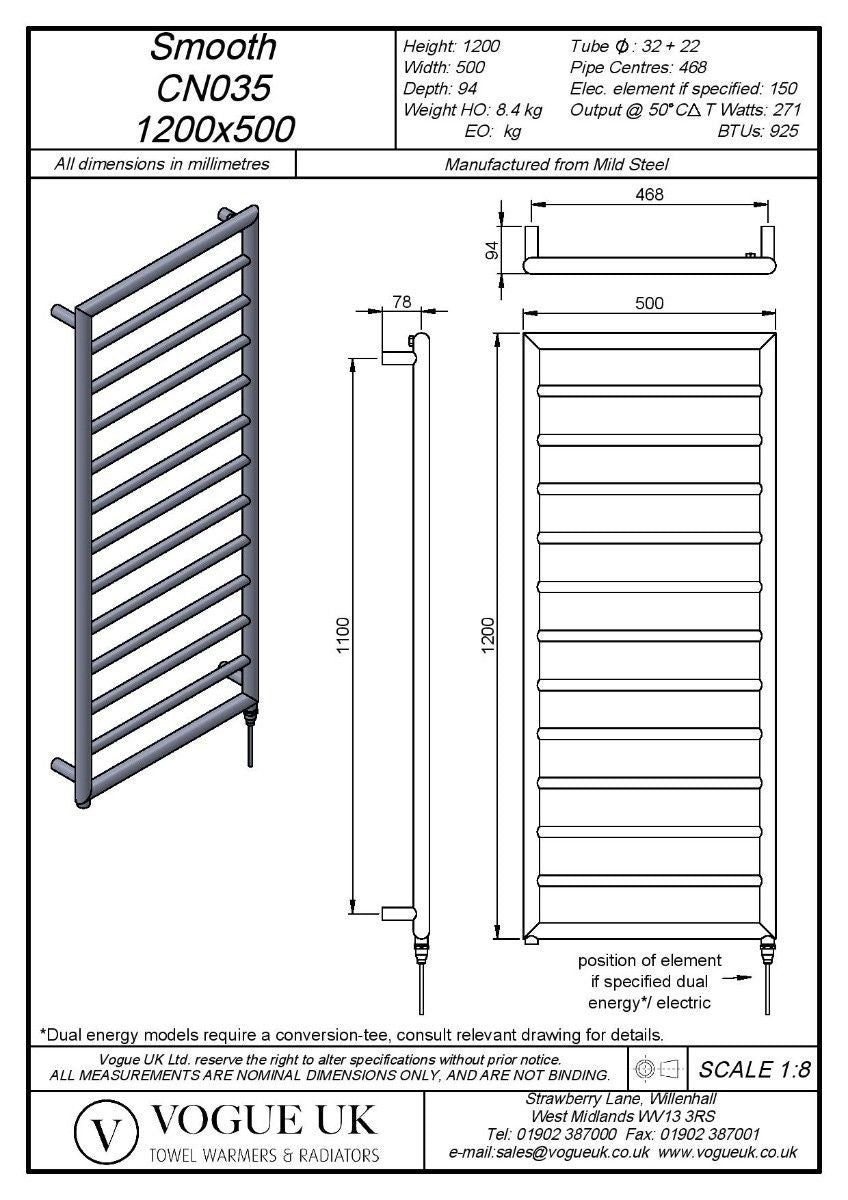 Vogue Smooth 2 towel heater rail Black matt 1200x500 CN036