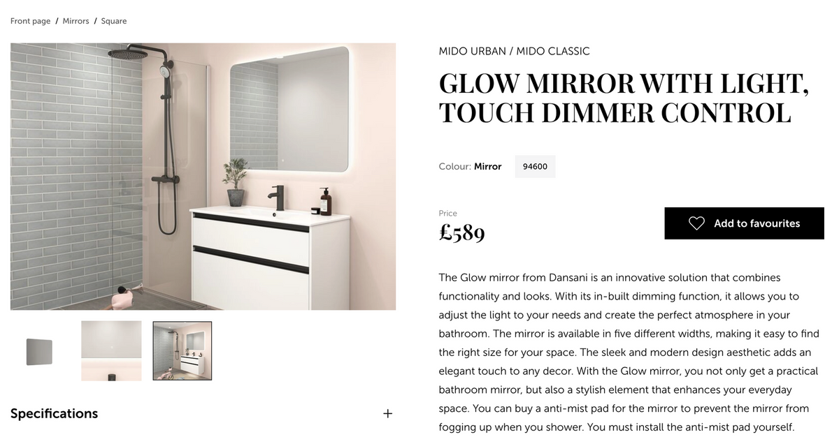 Dansani Glow mirror 100x80cm with led light touch dimmer 94600 RRP £589