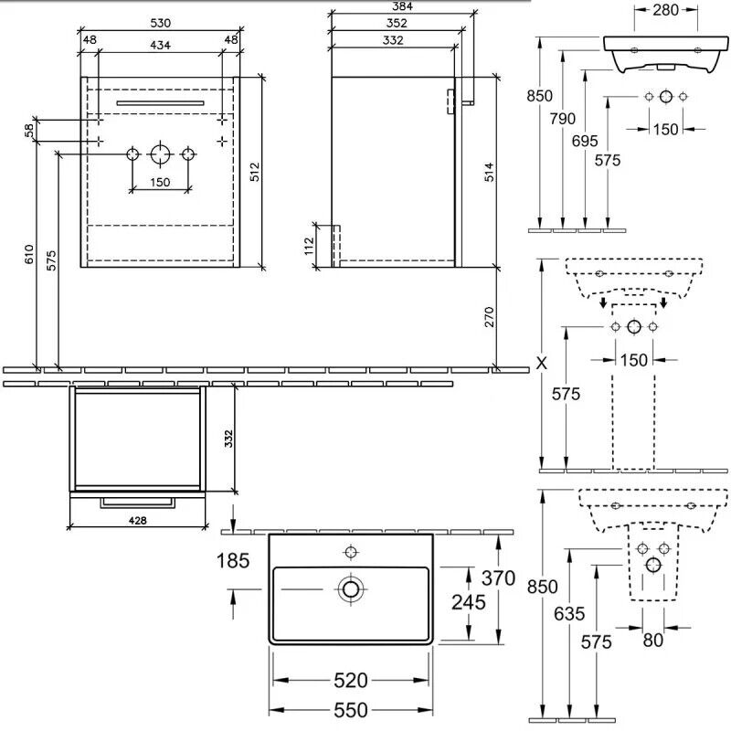 Villeroy & Boch Avento Wall Hung Vanity Unit LH 55cm Crystal Grey A88800B1