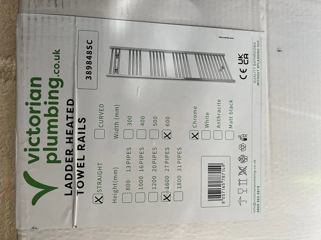 Packaging label confirming chrome straight towel rail 600 x 1600mm