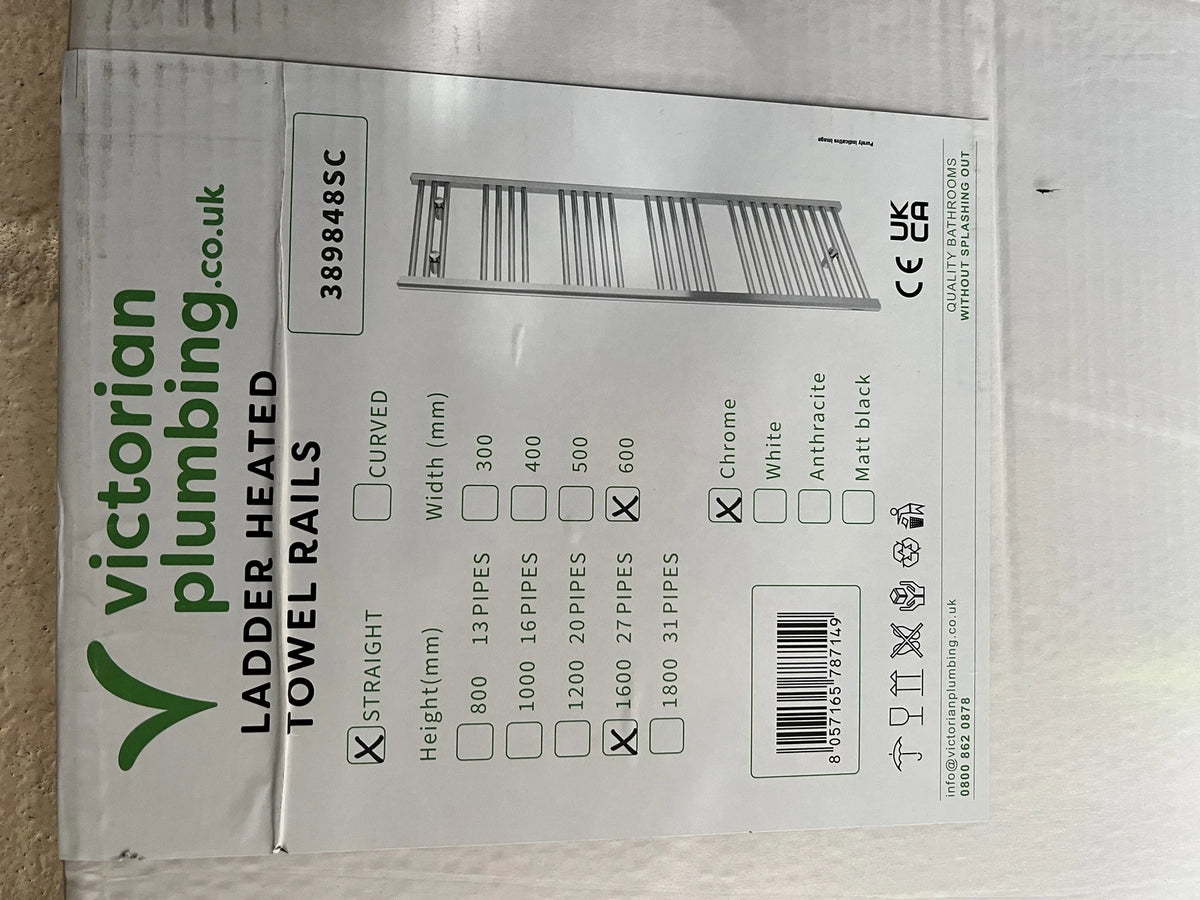 Packaging label confirming chrome straight towel rail 600 x 1600mm