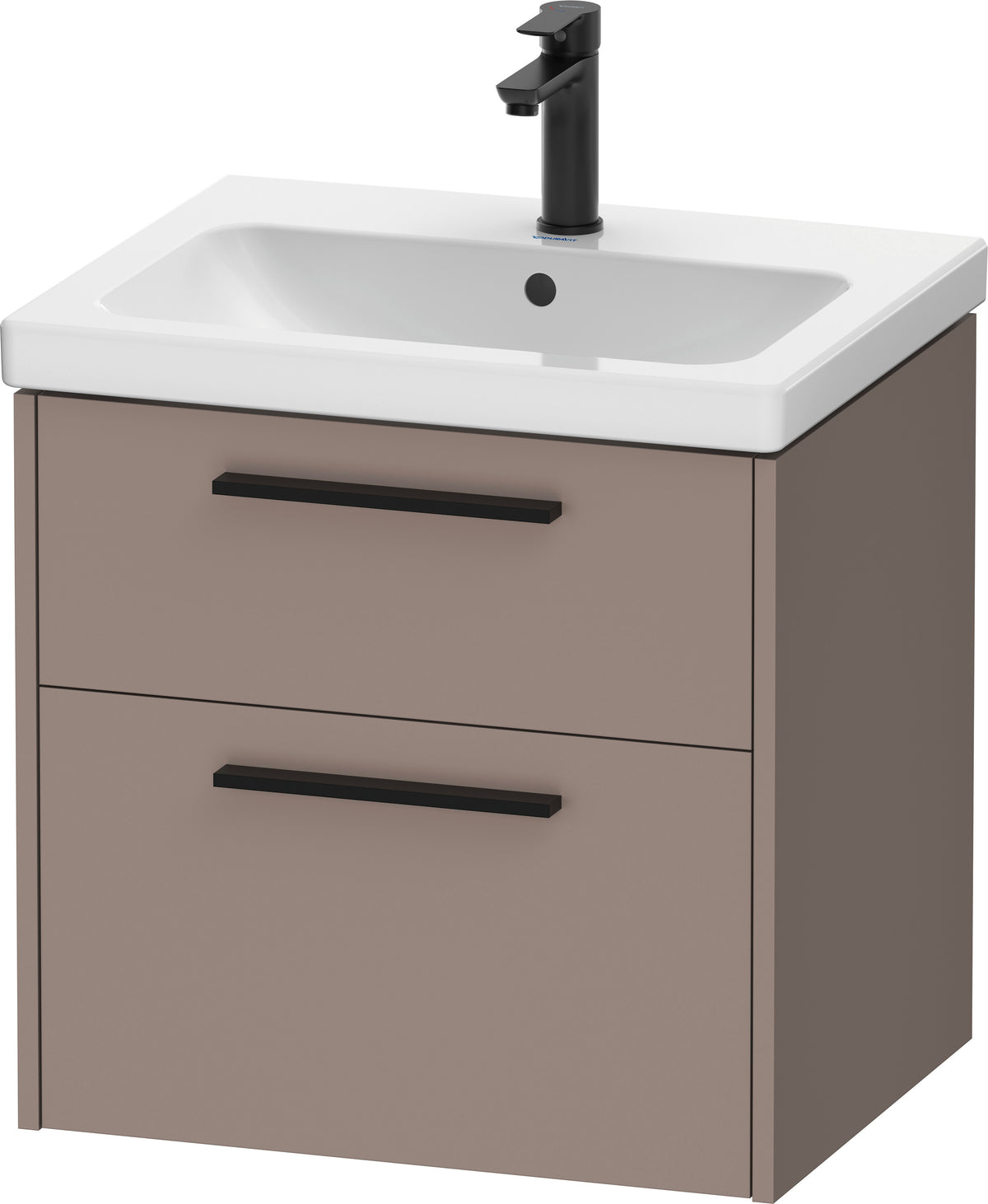 Duravit D-Code 584mm wall hung vanity Basalt Matt with Diamond Black handles and white ceramic basin