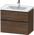 Duravit D-Neo 784mm Walnut Dark wall hung vanity with black drawer handle detailing and white basin