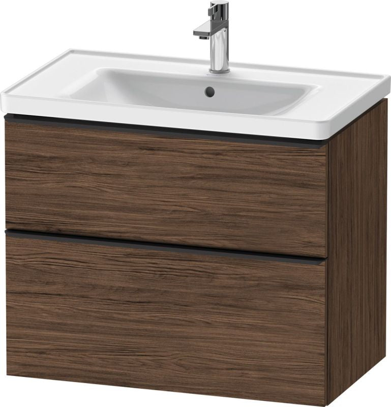 Duravit D-Neo 784mm Walnut Dark wall hung vanity with black drawer handle detailing and white basin