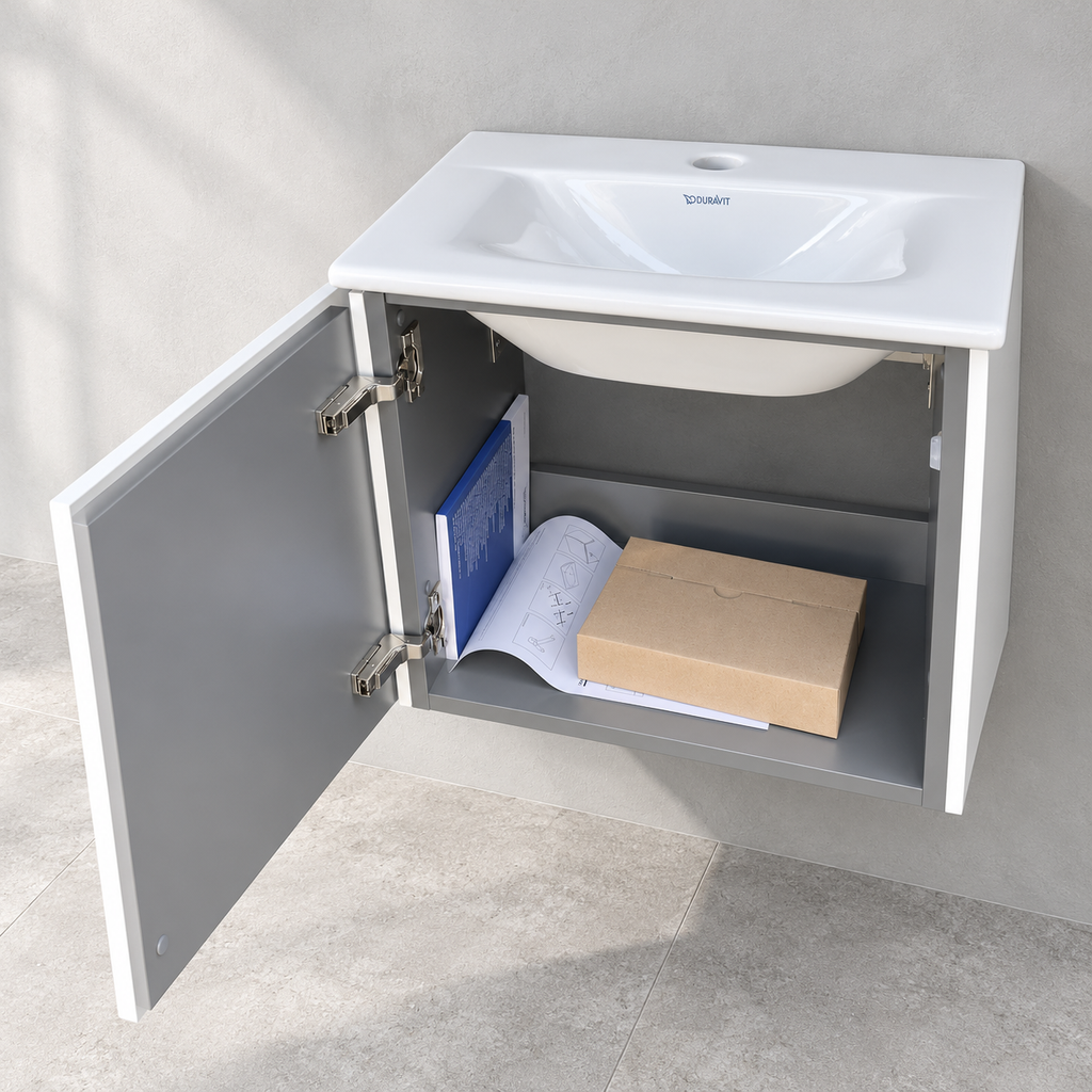 Duravit L-Cube white gloss vanity with Viu basin - open-door view