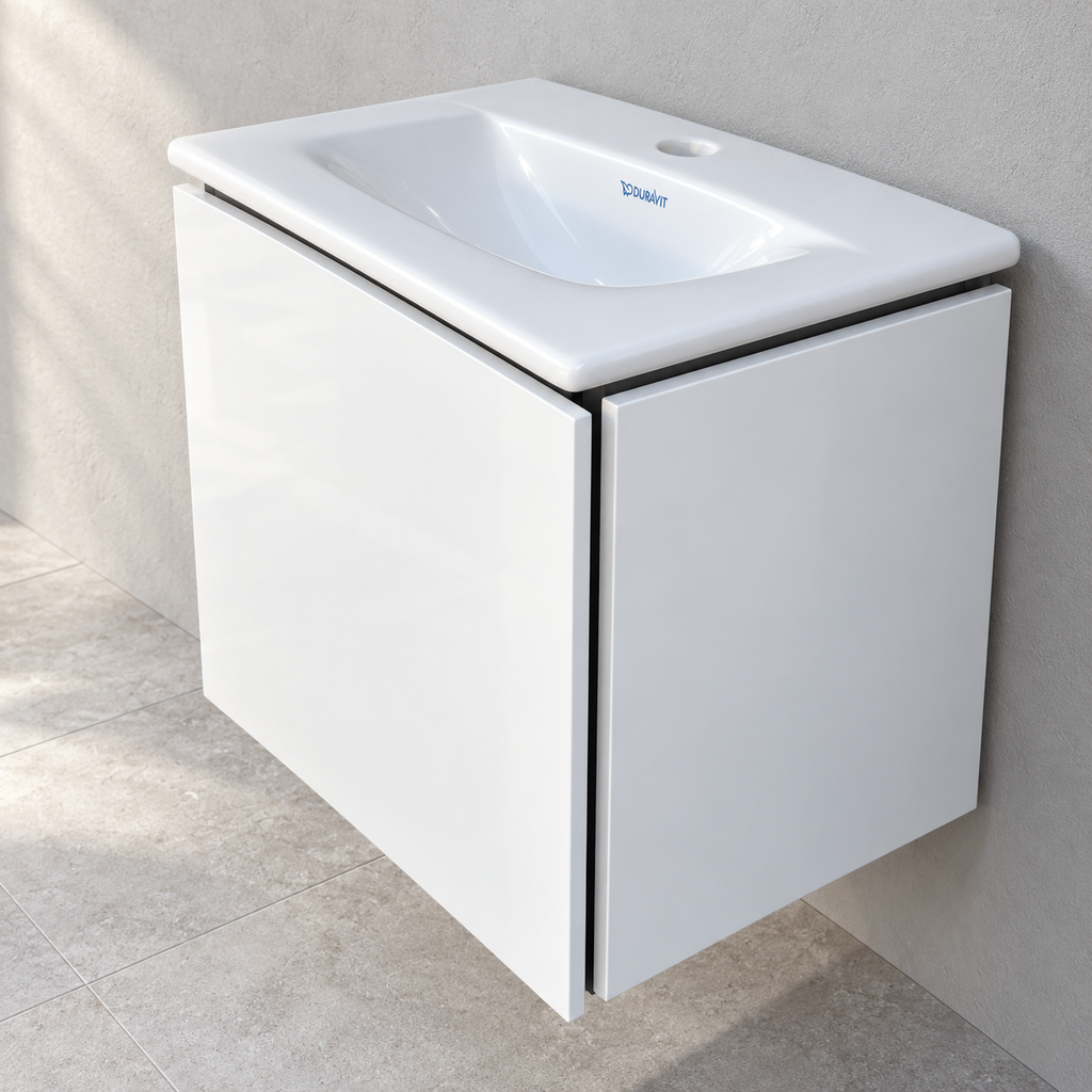 Duravit L-Cube white gloss vanity with Viu basin - side view