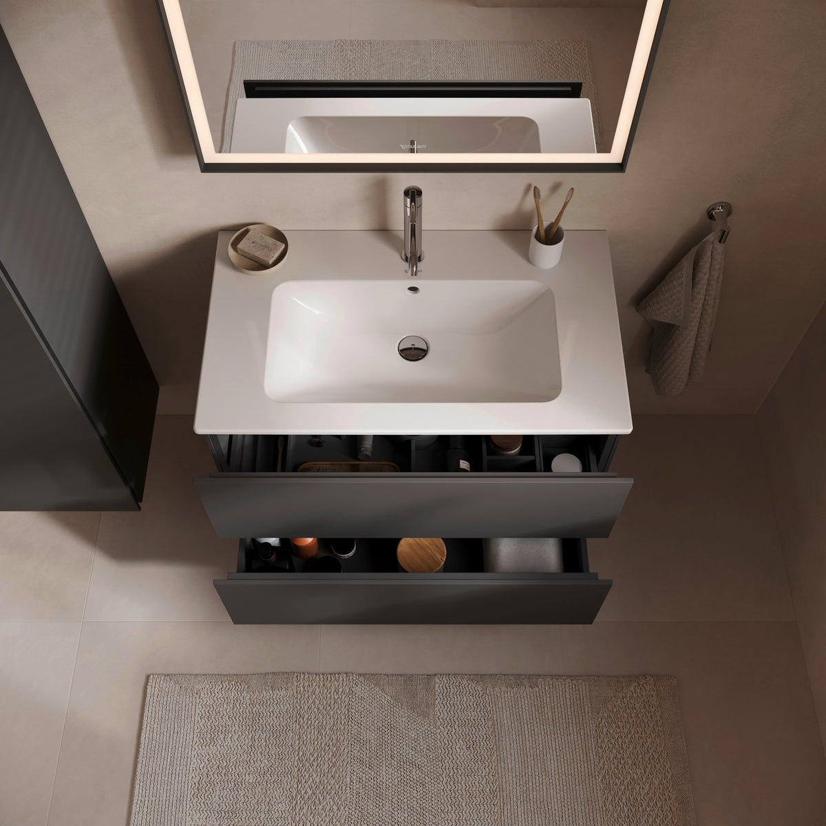 Duravit L-Cube Graphite Matt vanity drawers open overhead