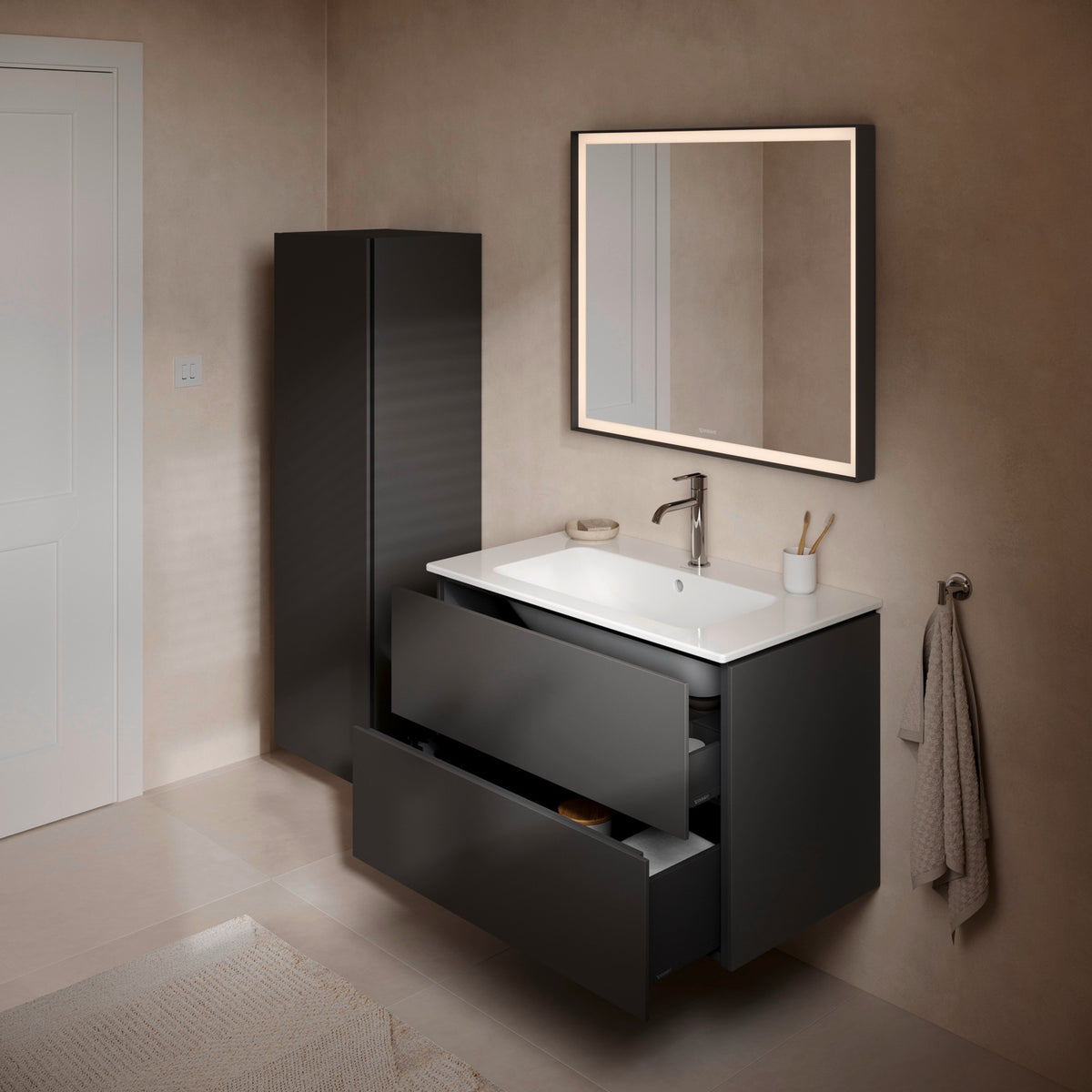 Duravit L-Cube Graphite Matt vanity drawers open angled bathroom view