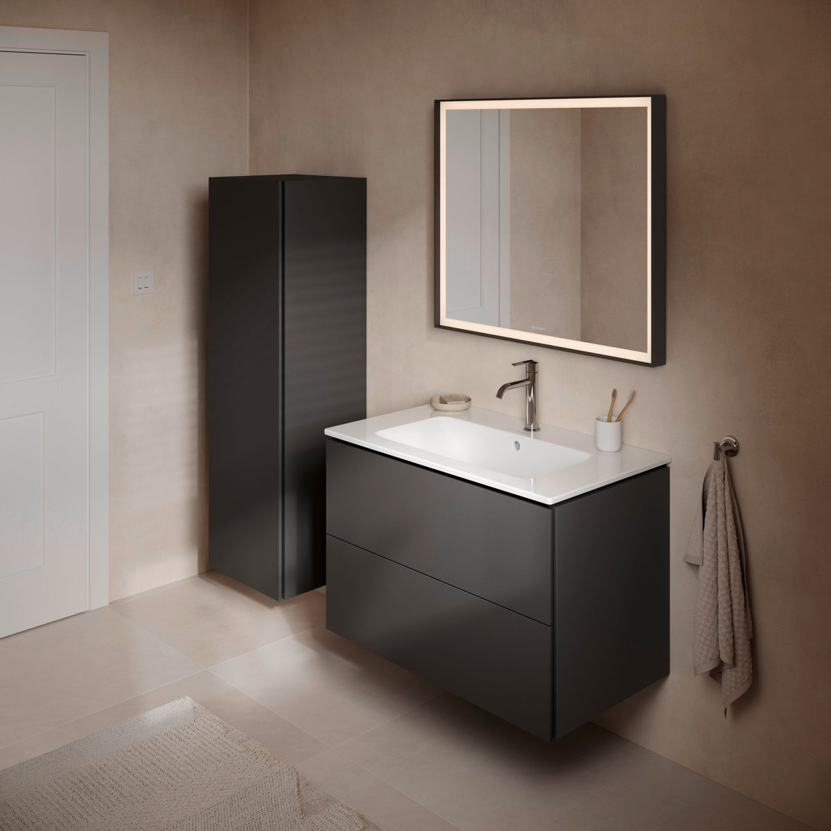 Duravit L-Cube Graphite Matt vanity in bathroom angled view