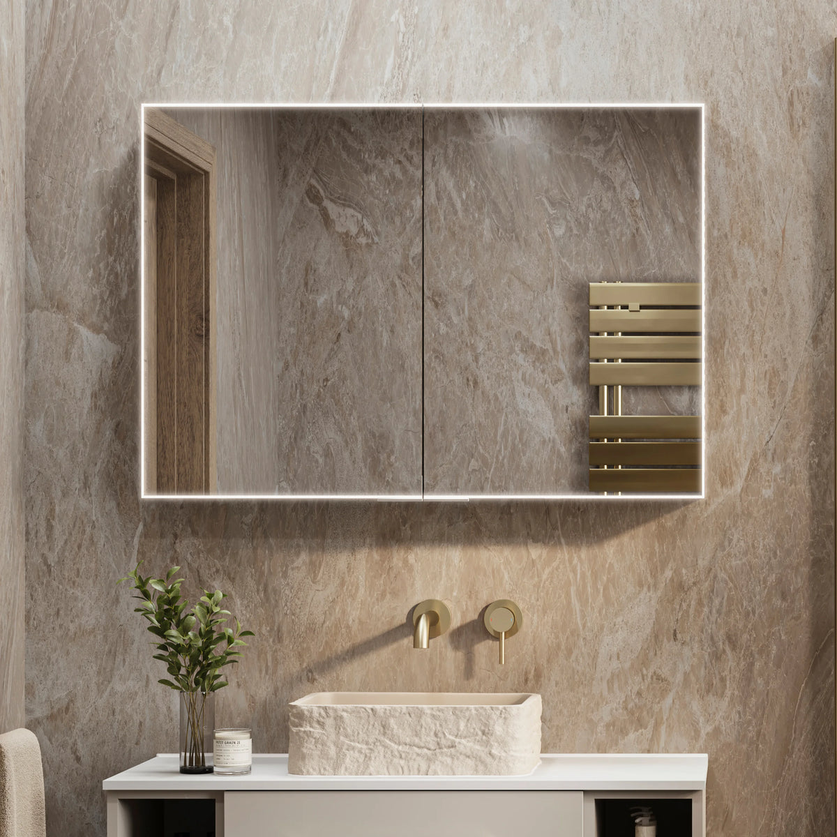 HiB Exos 100 LED mirror cabinet in stone finish bathroom