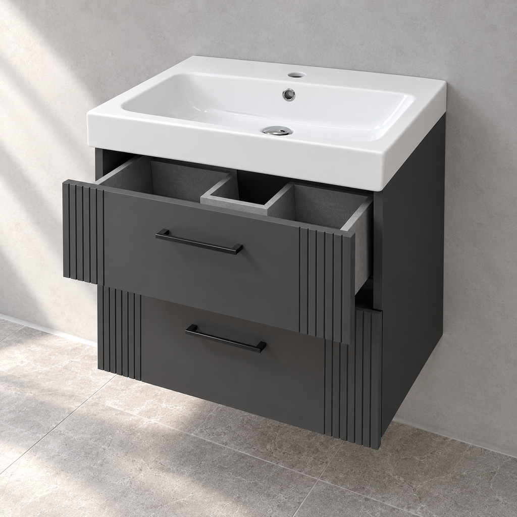 HiB Novum Fabrica 600mm Carbon Grey vanity with basin N19WH60CGR – open drawer