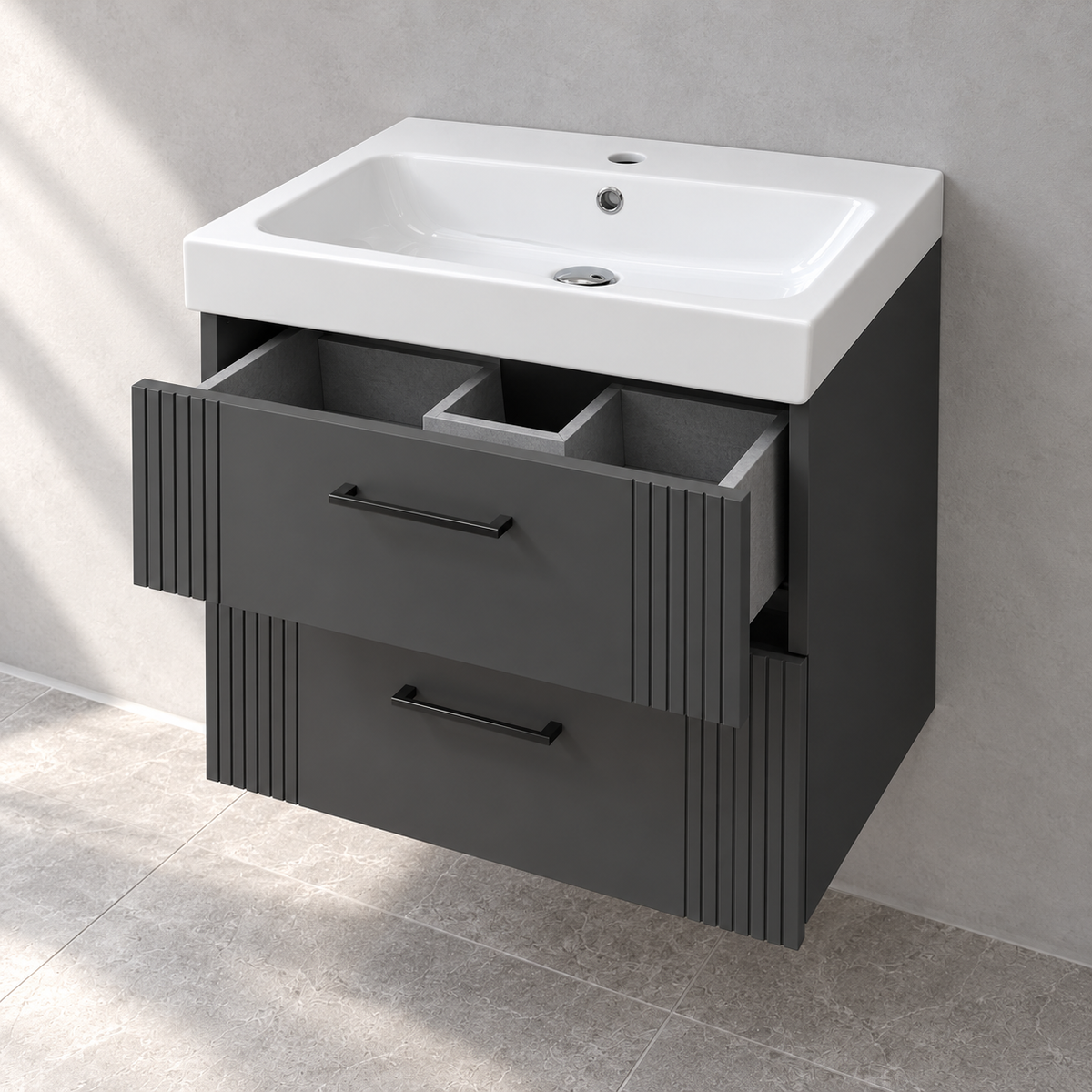 HiB Novum Fabrica 600mm Carbon Grey vanity with basin N19WH60CGR – open drawer