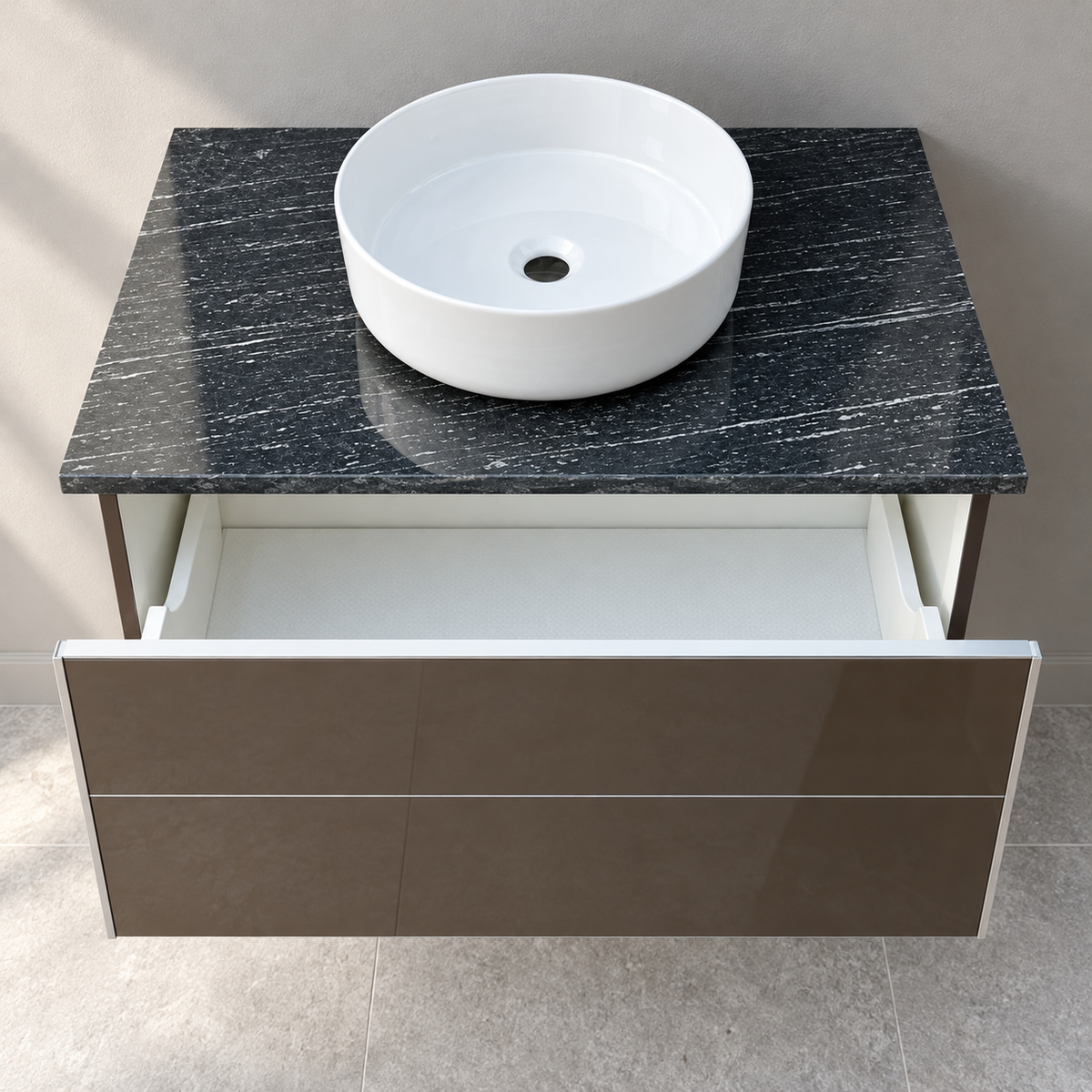 Keuco Royal Reflex Mocca Glass vanity with Dansani Circle basin - Basin and granite top from above, showroom visualisation