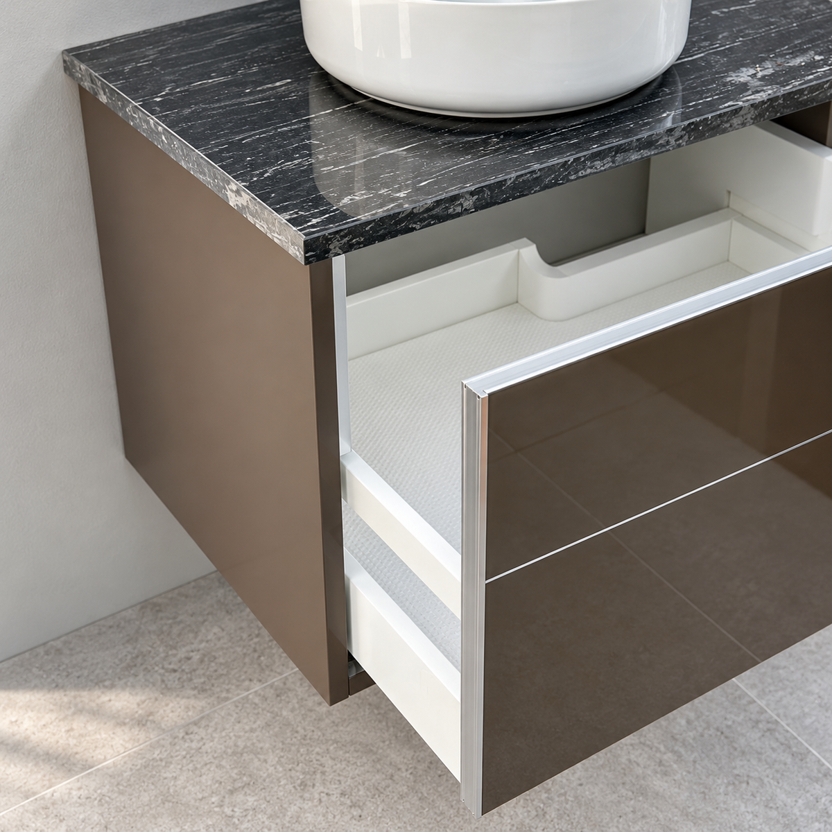 Keuco Royal Reflex Mocca Glass vanity with Dansani Circle basin - Drawer corner detail, showroom visualisation