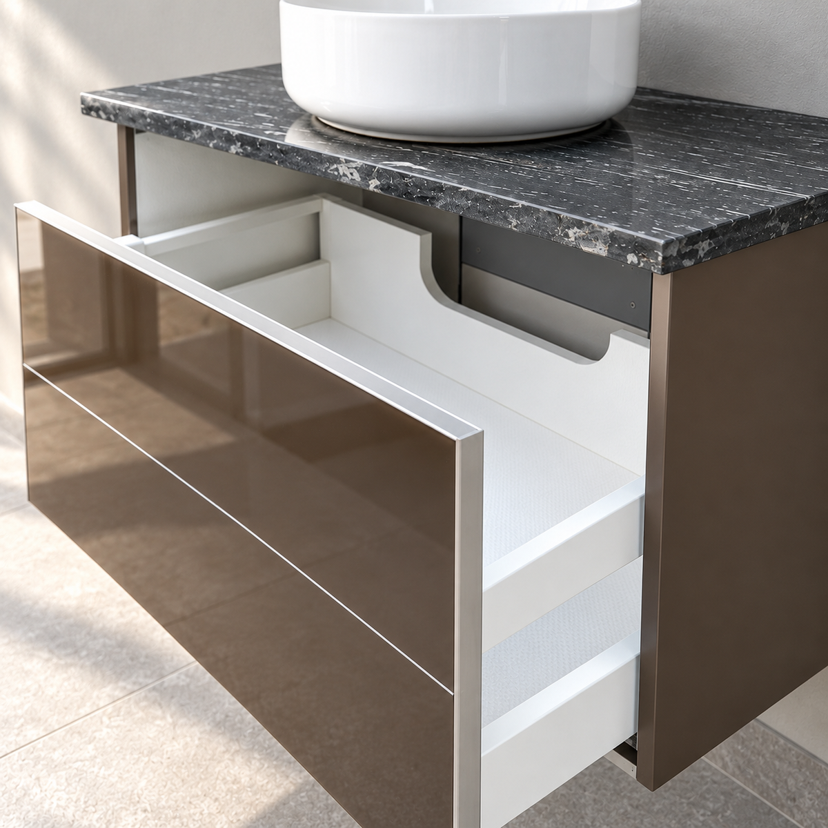 Keuco Royal Reflex Mocca Glass vanity with Dansani Circle basin - Drawer interior detail, showroom visualisation