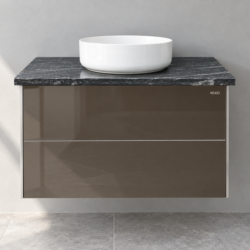 Keuco Royal Reflex Mocca Glass vanity with Dansani Circle basin - Front view, showroom visualisation