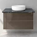 Keuco Royal Reflex Mocca Glass vanity with Dansani Circle basin - Front view, showroom visualisation