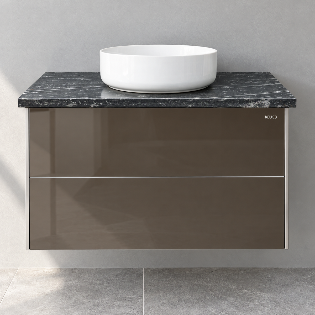 Keuco Royal Reflex Mocca Glass vanity with Dansani Circle basin - Front view, showroom visualisation