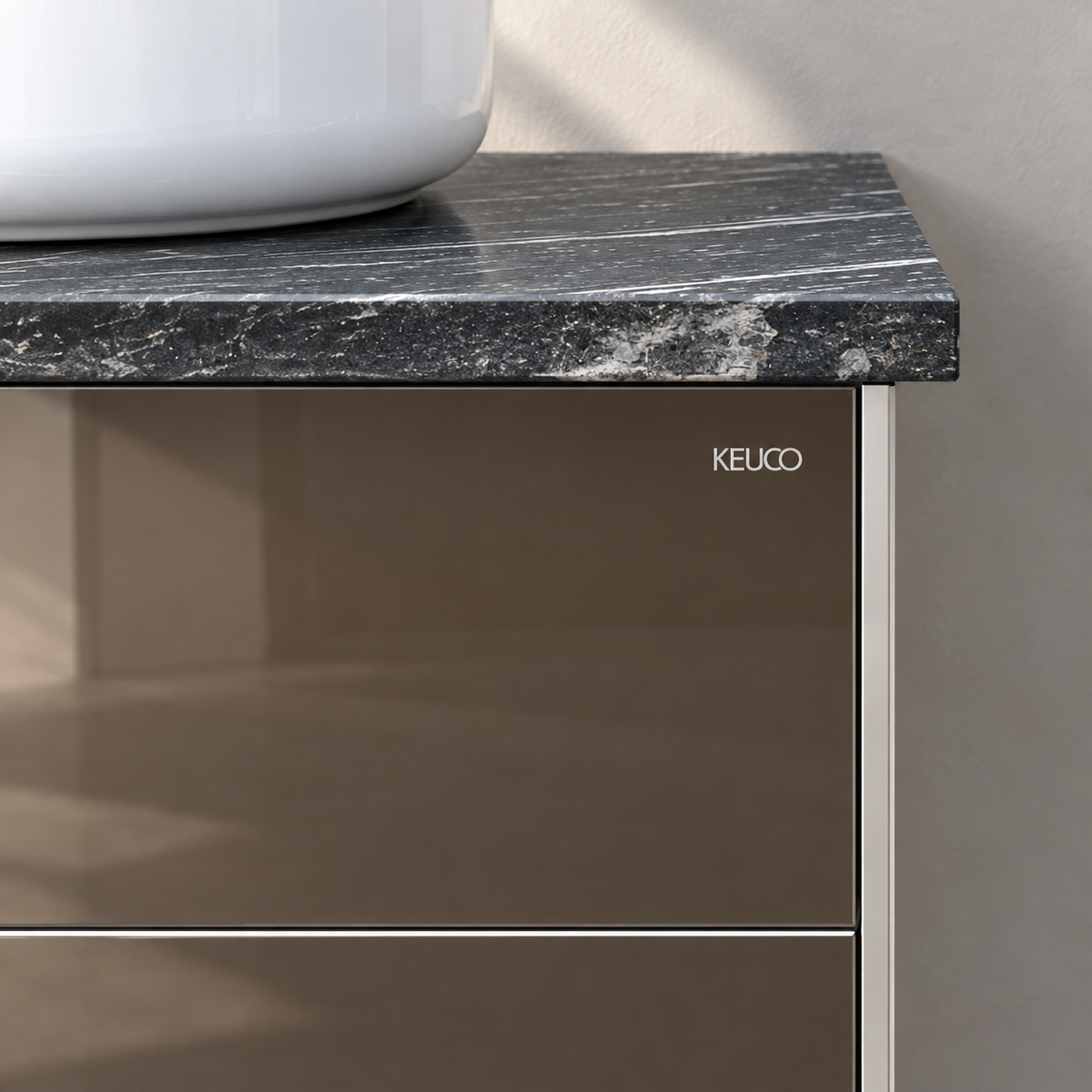 Keuco Royal Reflex Mocca Glass vanity with Dansani Circle basin - KEUCO logo and Mocca Glass finish, showroom visualisation