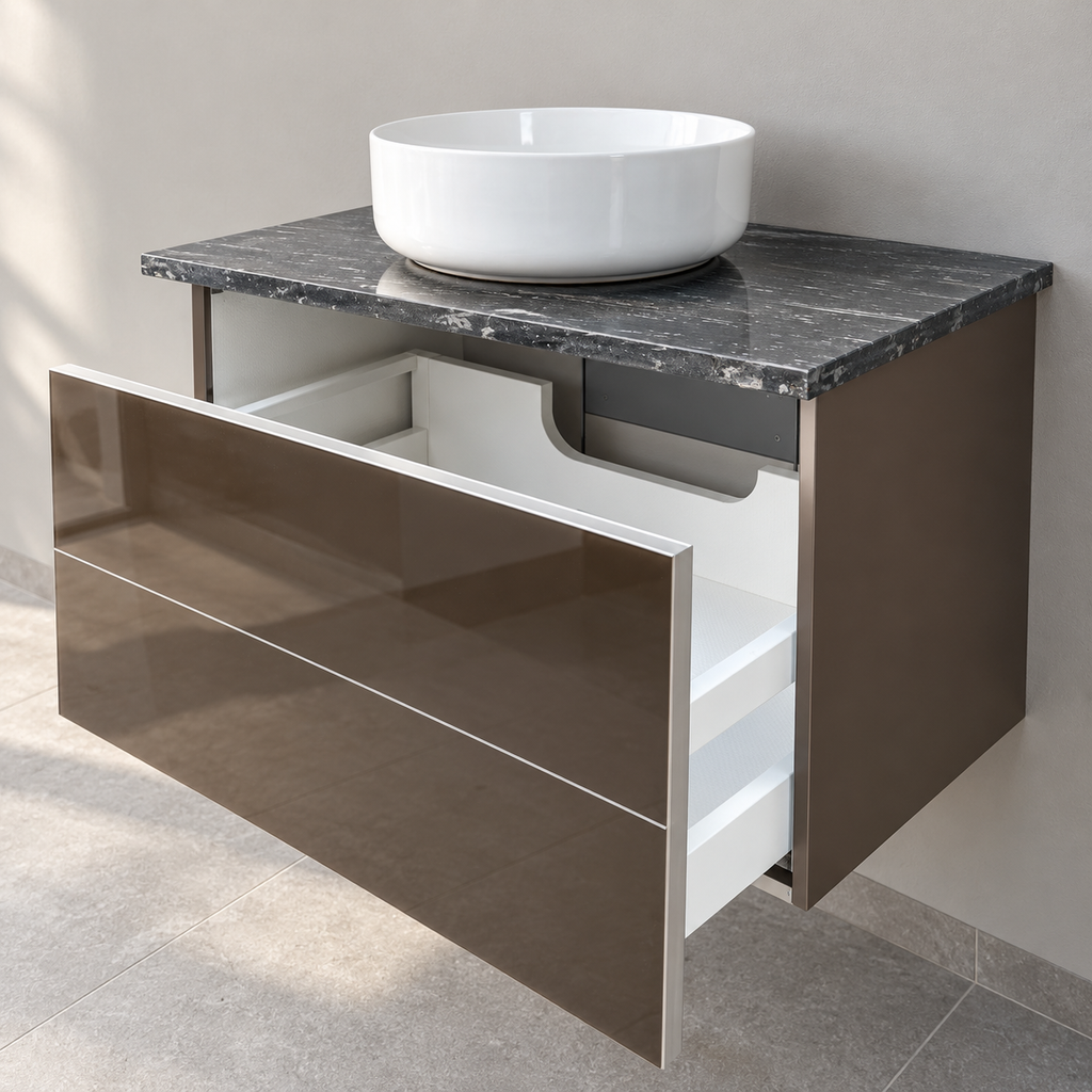 Keuco Royal Reflex Mocca Glass vanity with Dansani Circle basin - Open drawer view, showroom visualisation