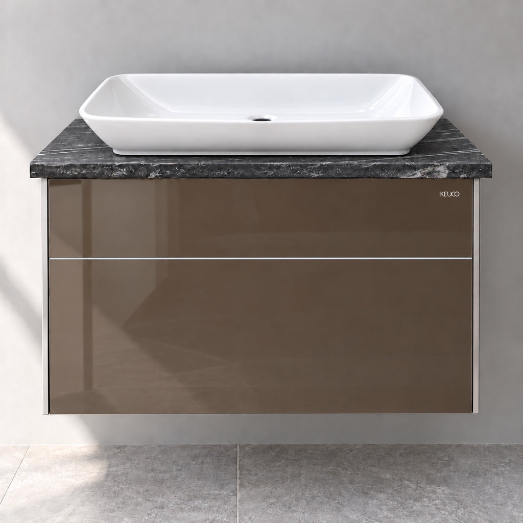 Keuco Mocca glass vanity with granite top and TOTO basin — front view
