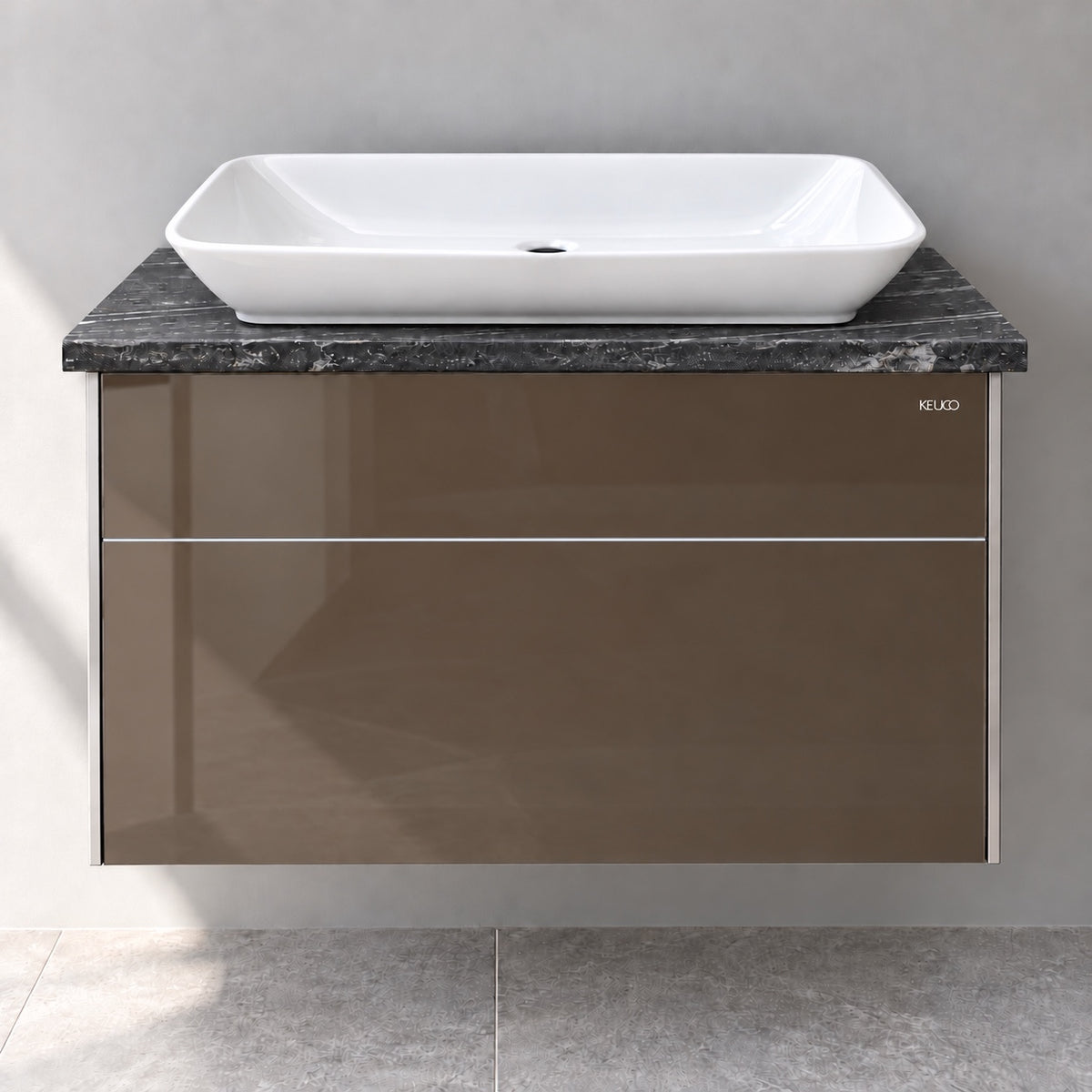 Keuco Mocca glass vanity with granite top and TOTO basin — front view