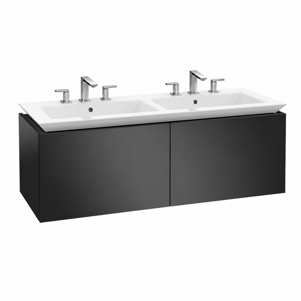Legato double basin illustrated on a vanity with two three-hole chrome tap sets; vanity and taps not included