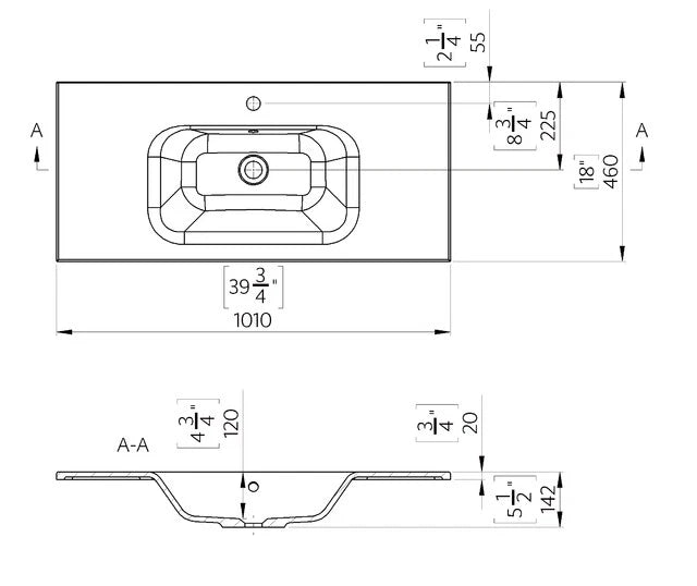 Marmite 0001F1010C basin technical drawing – 1010 x 460 x 142mm