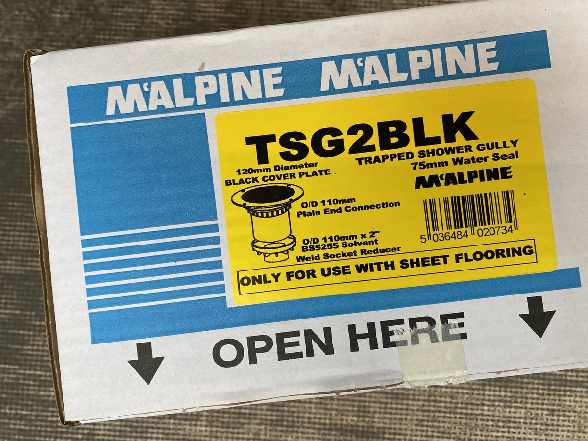 McAlpine TSG2BLK trapped shower gully packaging supplied with OTL deck