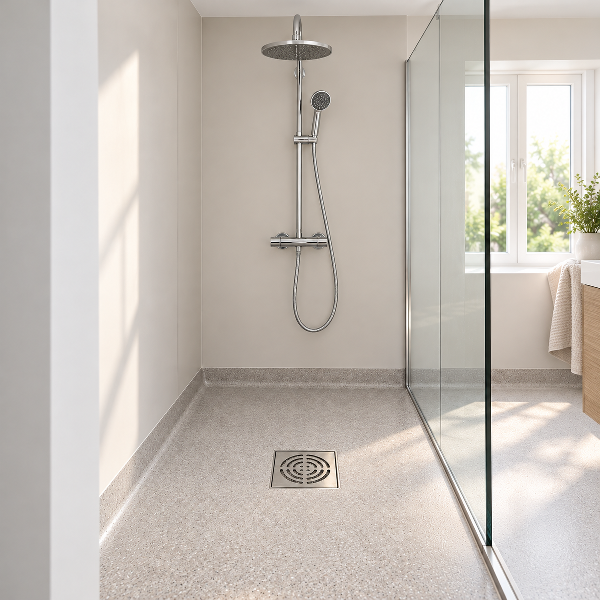 Illustrative vinyl-sheet wet-room setting with centred square stainless-steel waste grate