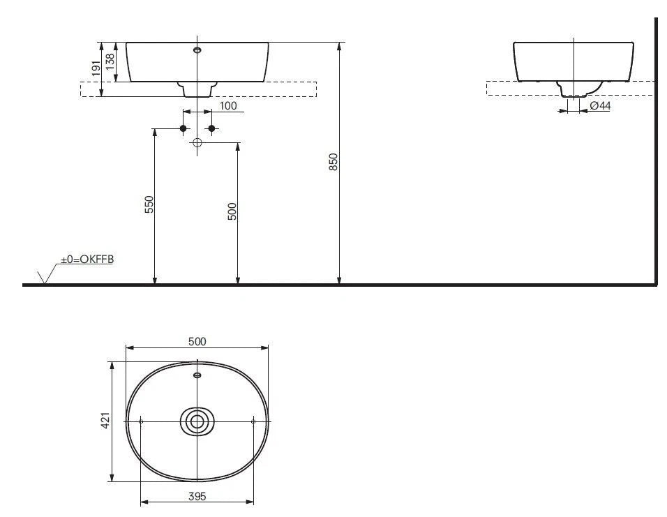 TOTO NC FU10016AUK-LW – round basin technical dimensions