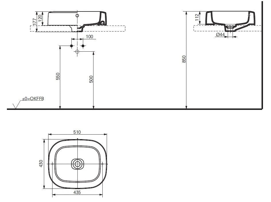TOTO NC FU10016AUK-LW – rounded rectangular basin technical dimensions