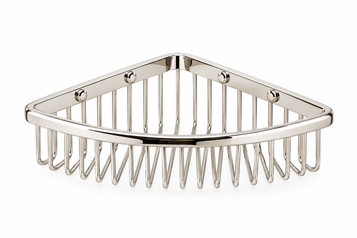 Illustrative Samuel Heath N156-XL-PN large corner shower basket in polished nickel, 203 mm x 58 mm