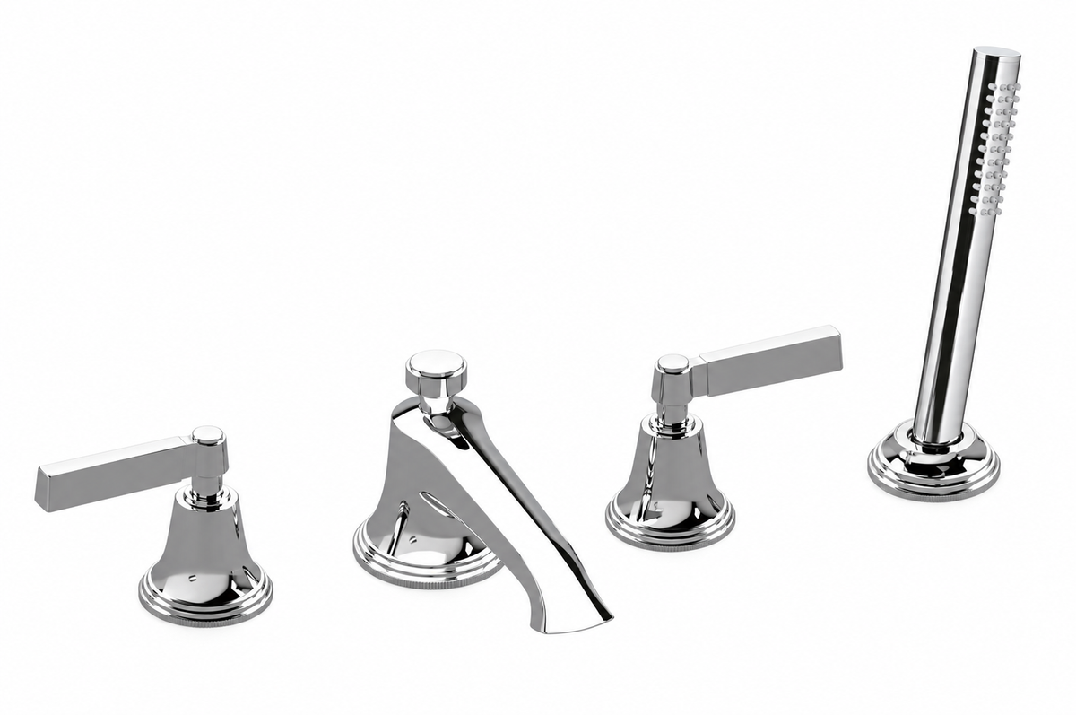 Illustration of the complete Samuel Heath V648-CP chrome four-hole bath shower filler with V182-CP baton handset