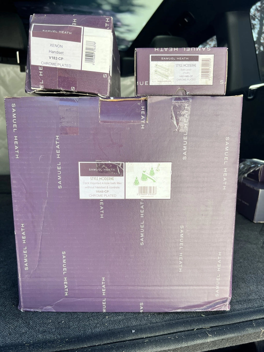 Box labels: V648-CP bath filler, V651-MB-CP chrome levers and V182-CP Xenon baton handset