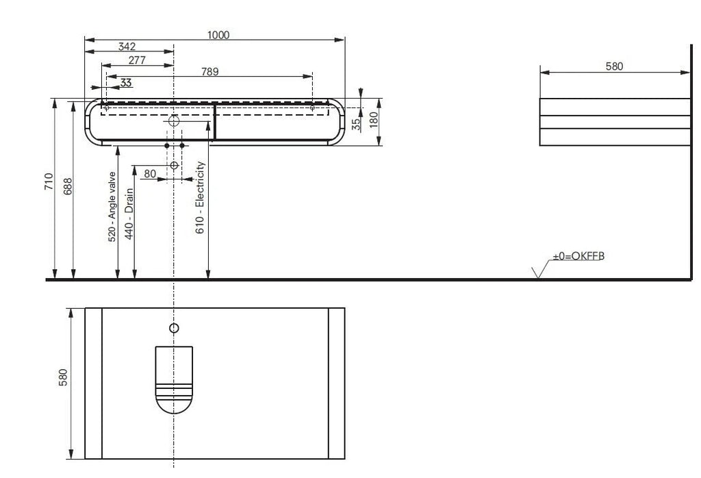 TOTO NC FU10016AUK-VW walnut 100cm vanity – technical dimensions drawing