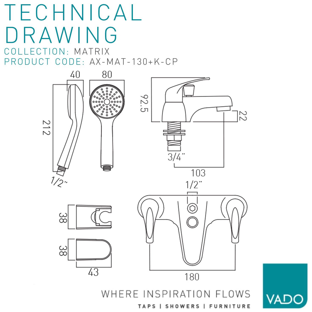 VADO Matrix Deck Mounted Bath Shower Mixer with Shower Kit technical drawing