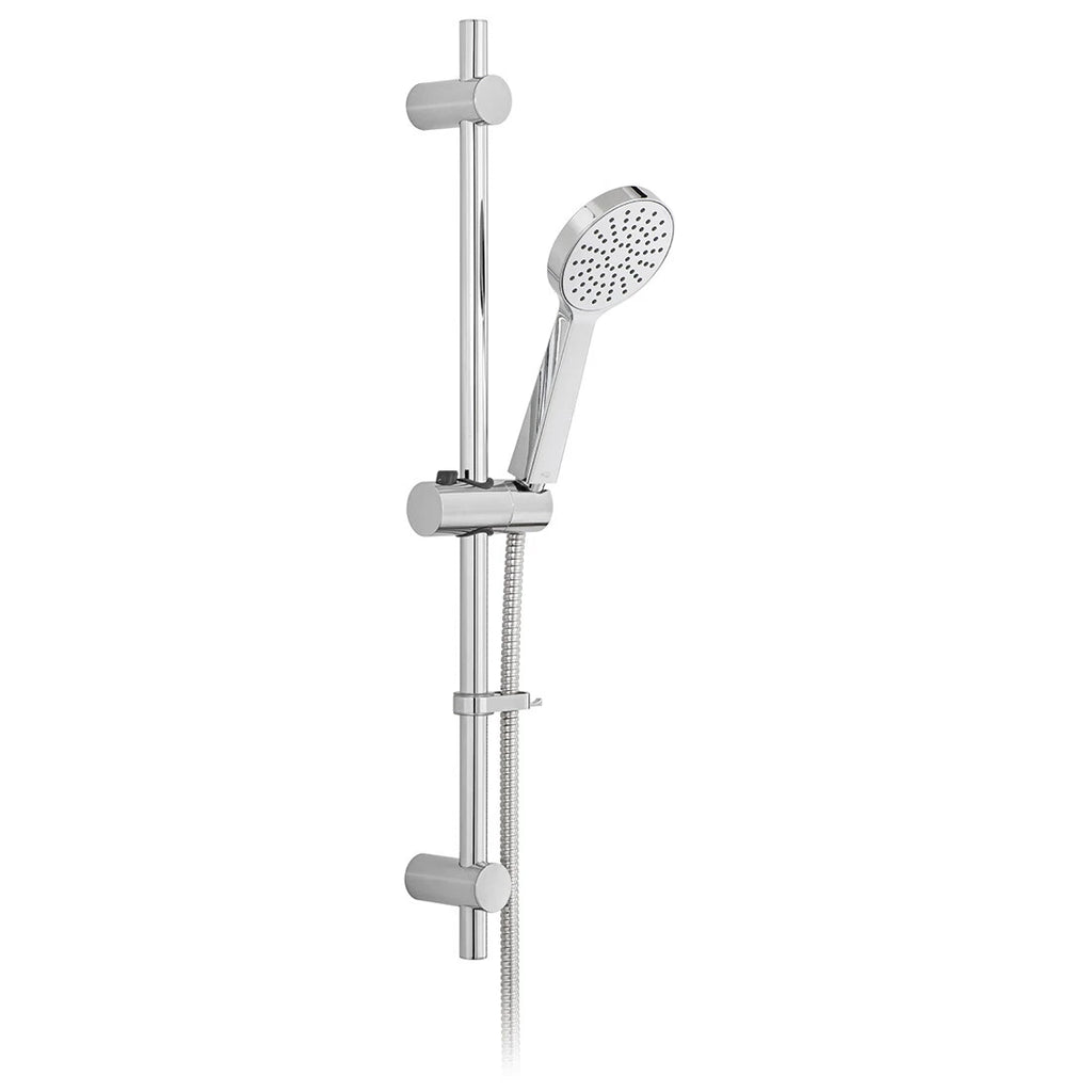 Illustration of a chrome slide rail shower kit; exact supplied kit shown in following photographs