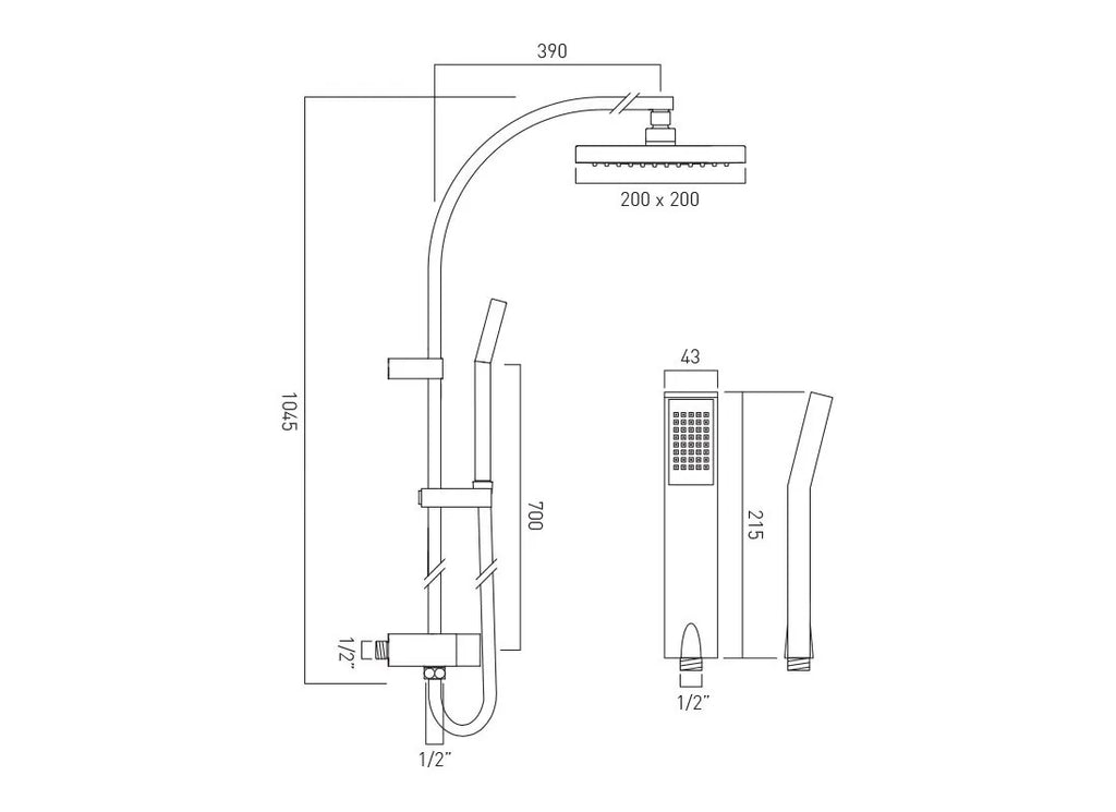 VADO rigid riser shower kit technical dimensions in millimetres