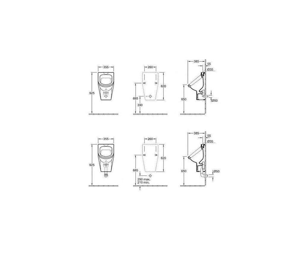 Villeroy & Boch Omnia Architectura urinal technical dimensions and installation drawing