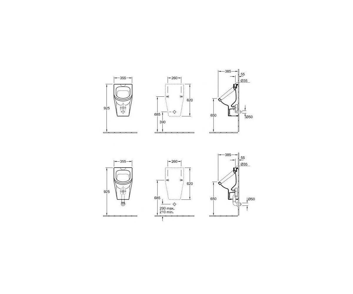 Villeroy & Boch Omnia Architectura urinal technical dimensions and installation drawing