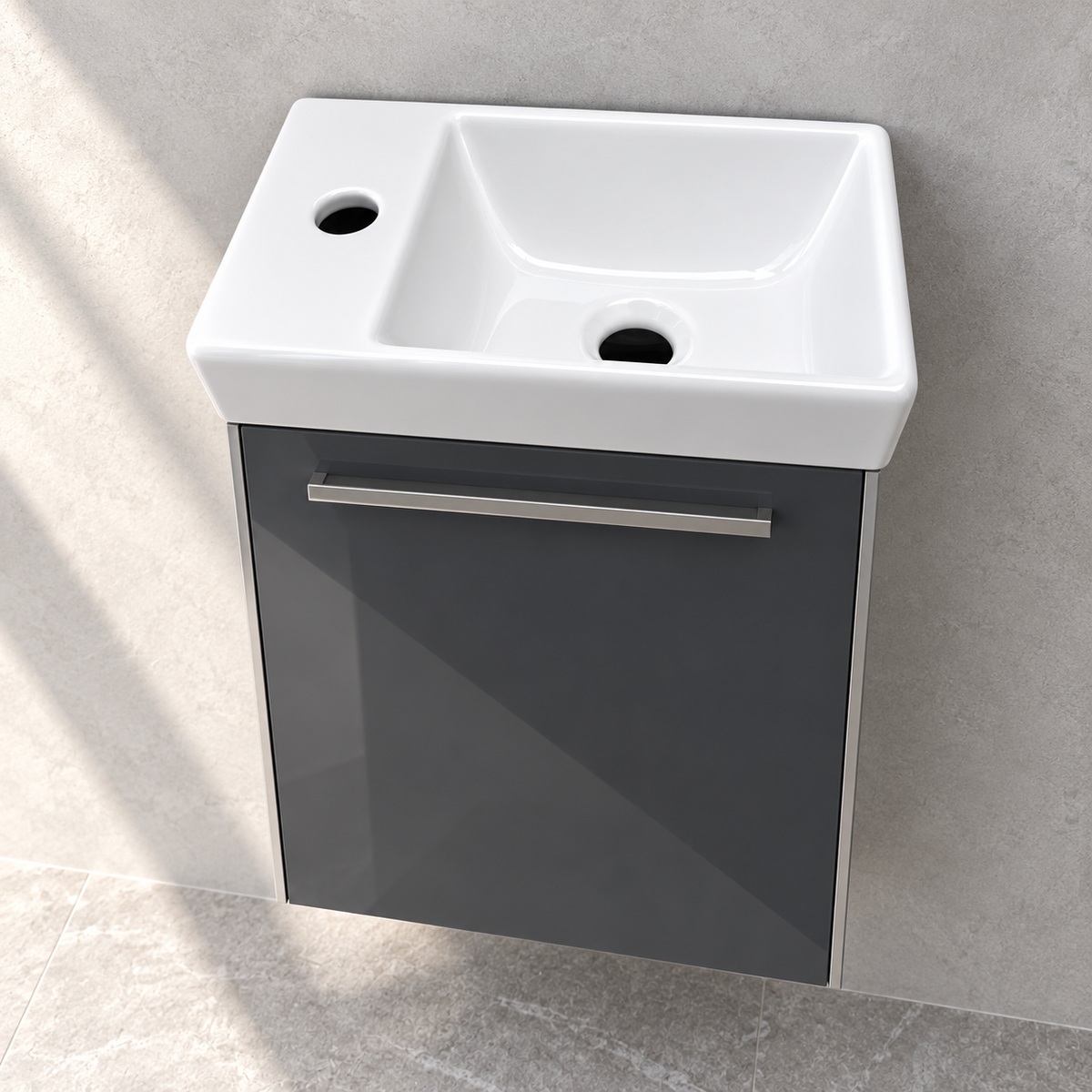 Villeroy & Boch Avento 360mm Crystal Grey right-hinged vanity with basin A87601B1 – basin showroom view