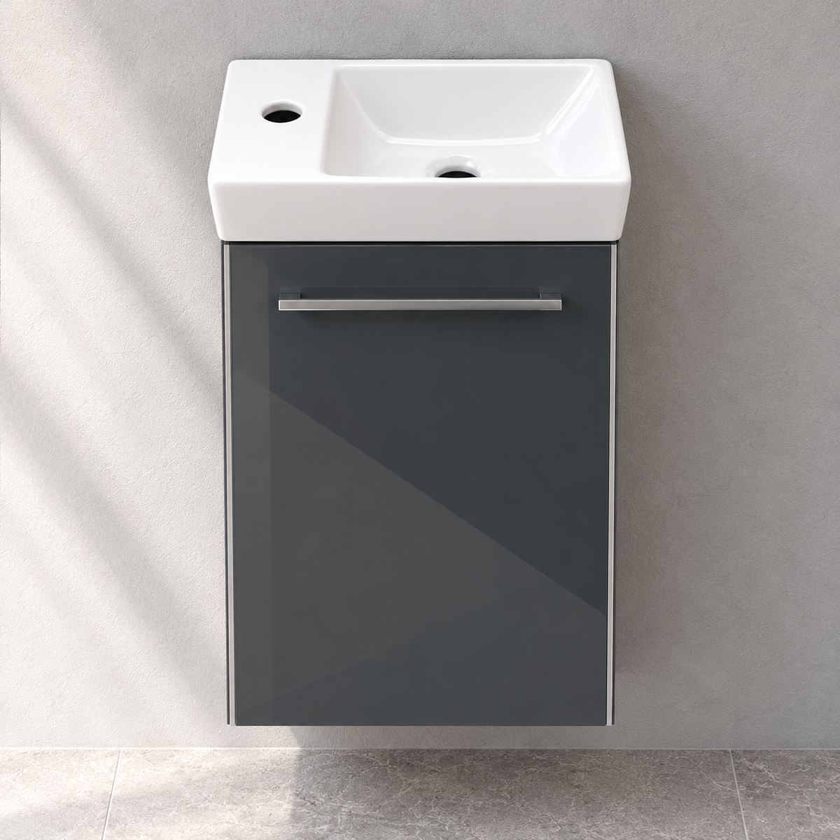 Villeroy & Boch Avento 360mm Crystal Grey right-hinged vanity with basin A87601B1 – front showroom view