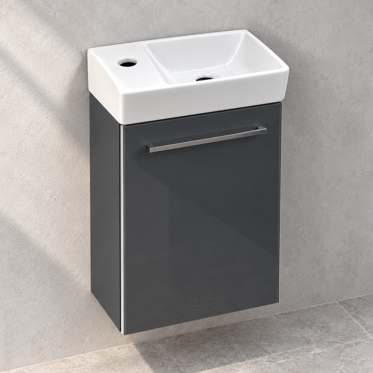Villeroy & Boch Avento 360mm Crystal Grey right-hinged vanity with basin A87601B1 – left showroom view