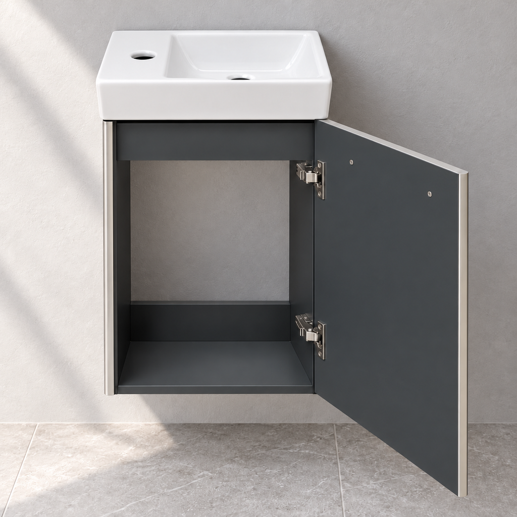 Villeroy & Boch Avento 360mm Crystal Grey right-hinged vanity with basin A87601B1 – open-door showroom view