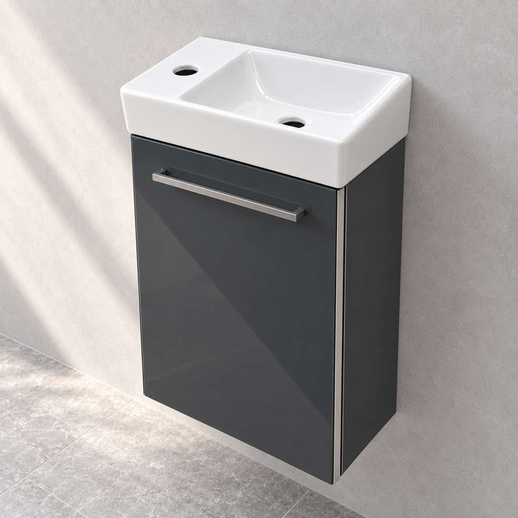 Villeroy & Boch Avento 360mm Crystal Grey right-hinged vanity with basin A87601B1 – right showroom view