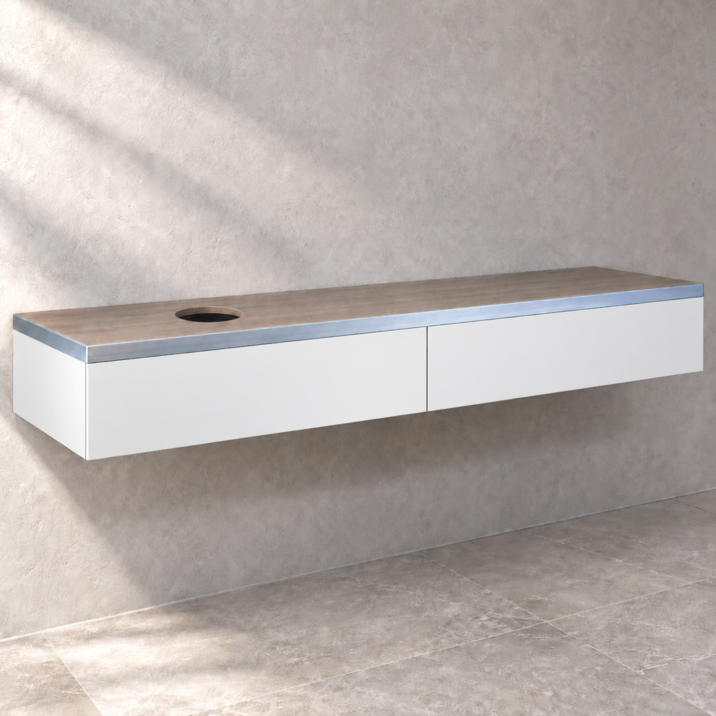 Villeroy & Boch Frame to Frame 1200mm console A80900NR, white cabinet with Oak Silver top and silver blue edging, left waste opening, basin not included