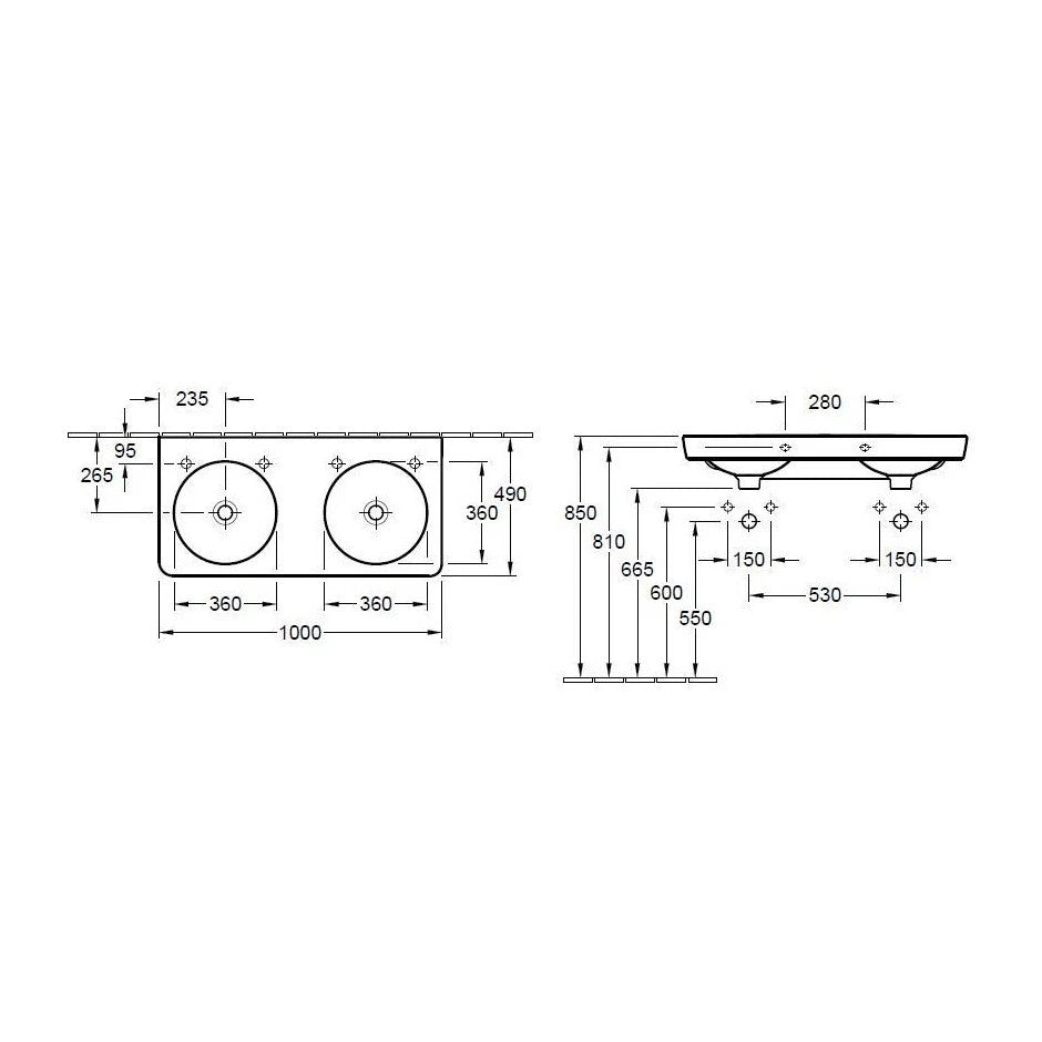 Villeroy & Boch Joyce 4108.A3.R1 1000mm double washbasin technical dimensions