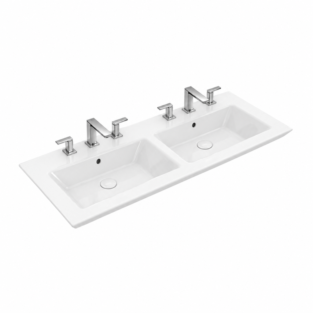 Villeroy & Boch Legato double basin illustrated with two three-hole tap sets; taps not included